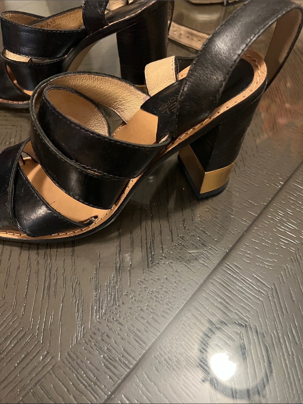 Michael Kors Black Leather Strappy Block Heels with Gold Accent